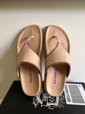 Silent D Tan Thong Sandals with Burgundy Stitching